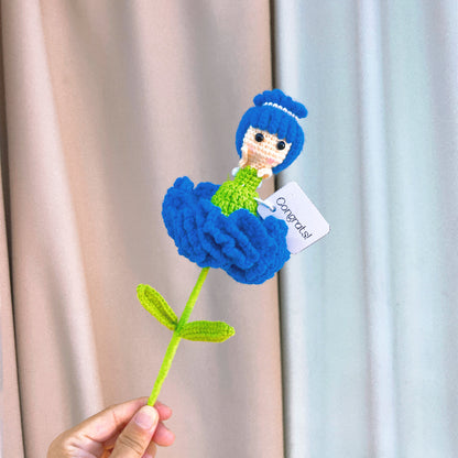 Handmade Crochet Carnation Fairy Single Stem | 4 Colors Pink Purple Yellow Blue | Flower Fairy with Petals as Dress | Up-Fold = Bud, Down-Fold = Bloom | Custom Card "Congrats!" | Single Stem for Vase or Bouquet | Allergy-Friendly
