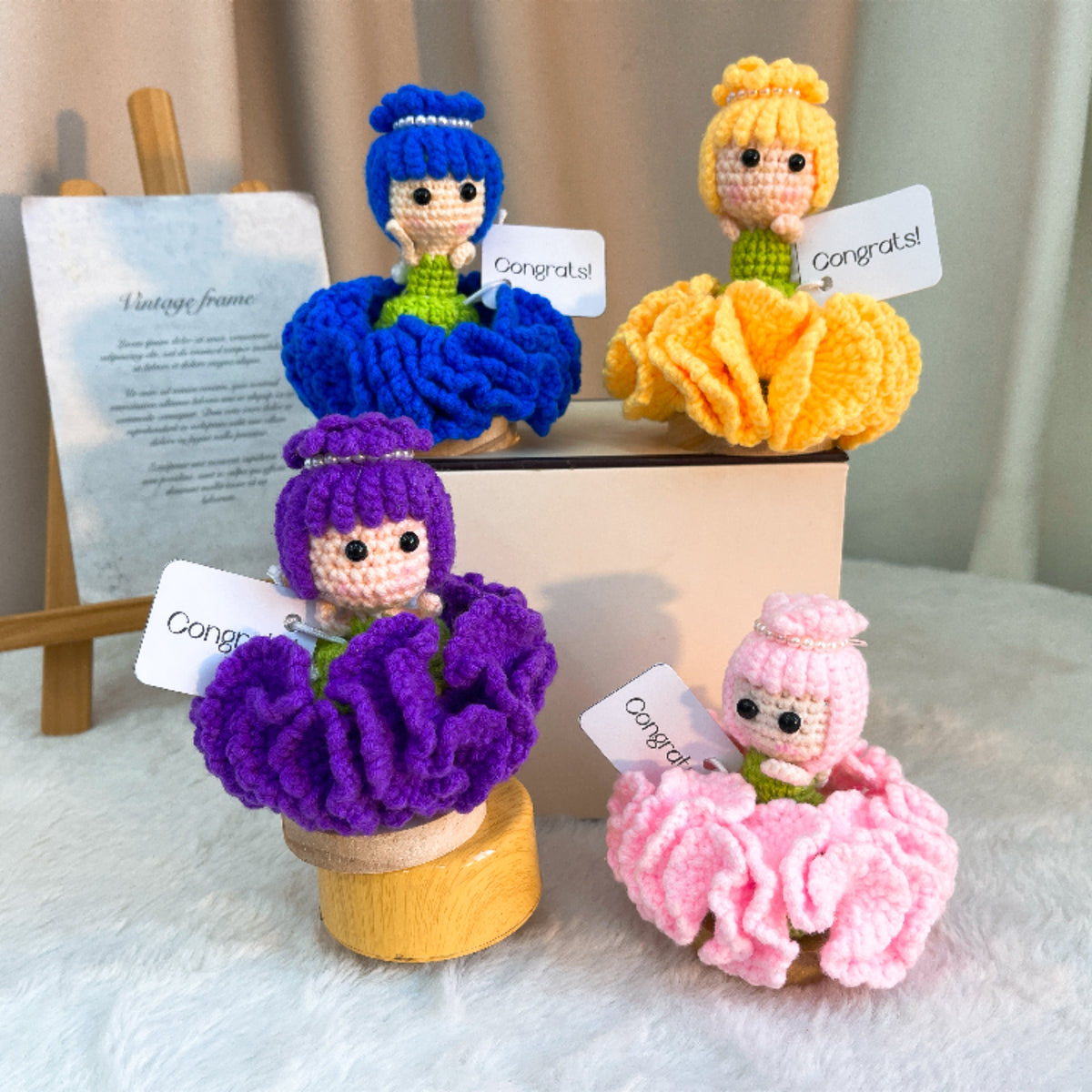 Handmade Crochet Carnation Fairy with Wooden Base and Custom Text |Flower Fairy w/ Custom Card "Congrats!", Gift for Graduation, Birthday, Mother's Day, New Job
