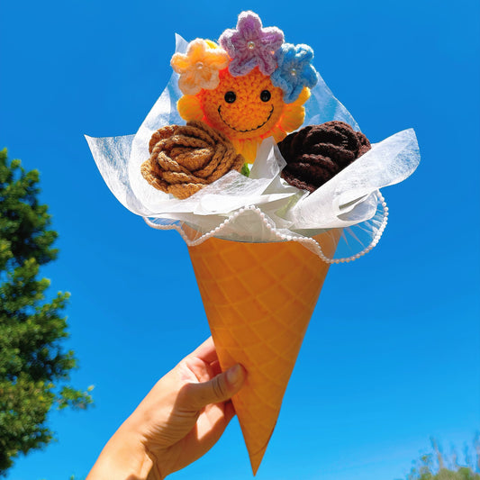 Handmade Crochet Ice Cream Cone Bouquet Waffle Cone Yarn Flower Bouquet | Cute Gift for Birthday, Graduation, Valentine's, Mother's Day, Get Well Soon | Allergy-Friendly