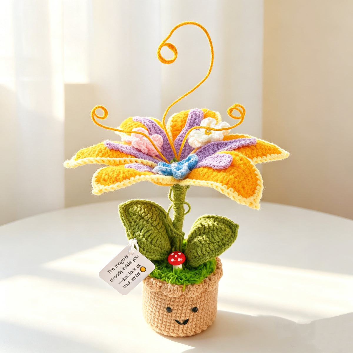 Handmade Crochet Lily Potted Plant with Customizable Supportive Message - Custom Card | Cute Face Planter | Gift for Birthday, Mother's Day, Valentine's
