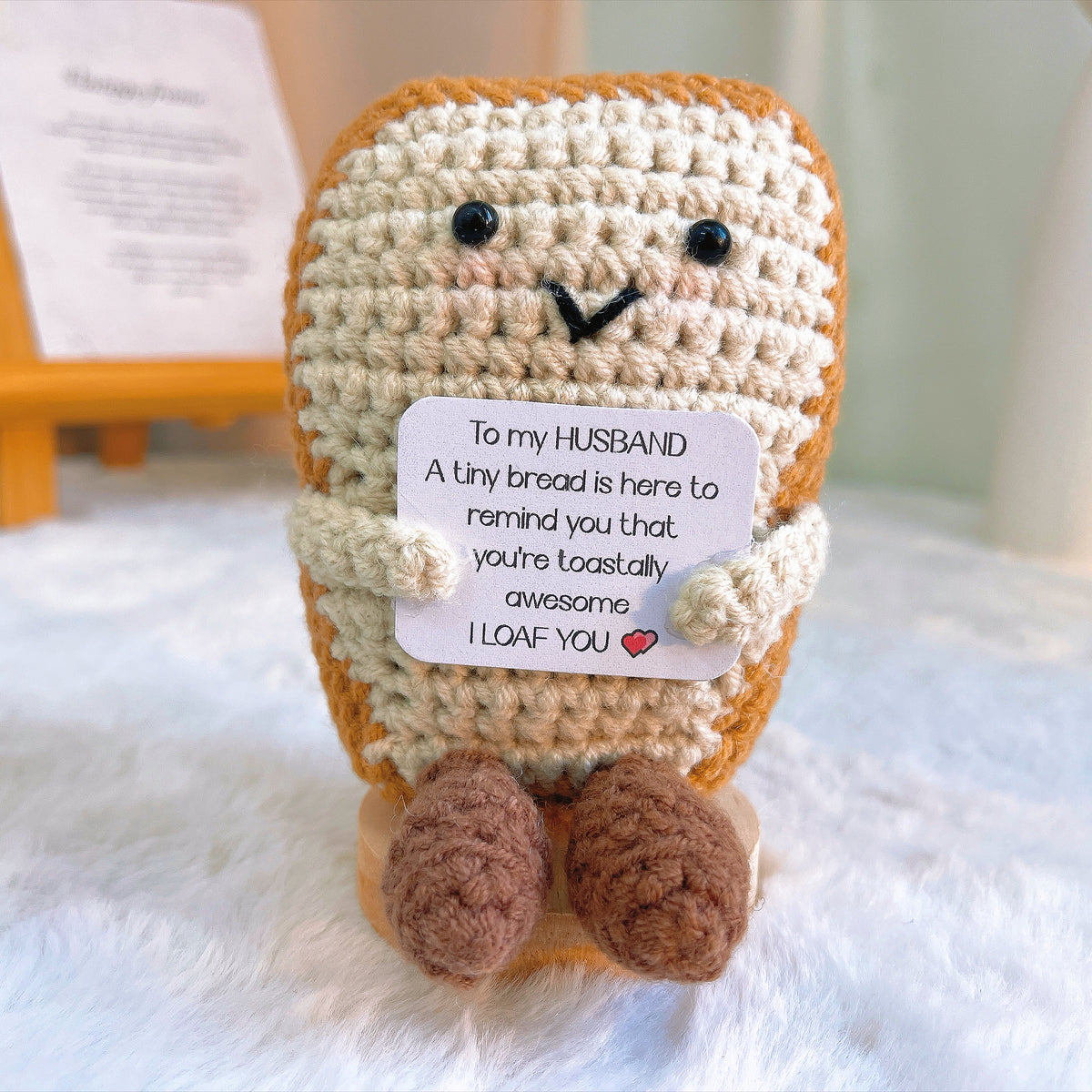 Handmade Crochet Bread Toast Ornament with Customizable Card, To My Husband Gift, Funny I Loaf You Pun, Cute Couple Gift for Husband, Valentine's Day, Anniversary, Birthday, Father's Day, Thinking of You