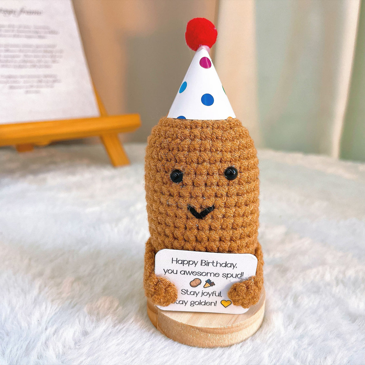 Crochet Birthday Potato Celebration Plushie with Customizable Card, Happy Birthday You Handmade Awesome Spud, Cute Funny Birthday Gift, Party Favor Best Friend Gift, Thinking of You