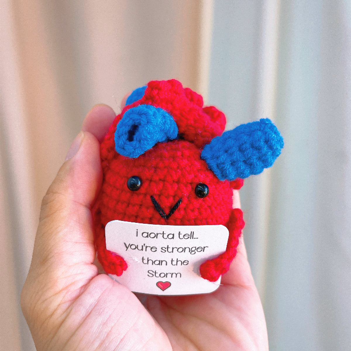 Crochet Supportive Anatomical Heart Plushie, with Customizable Card, I Aorta Tell You You're Stronger Than the Storm, Handmade Cute Funny Get Well Soon Gift, Encouragement Gift, Nurse Doctor, Cardiology Heart Thinking of You