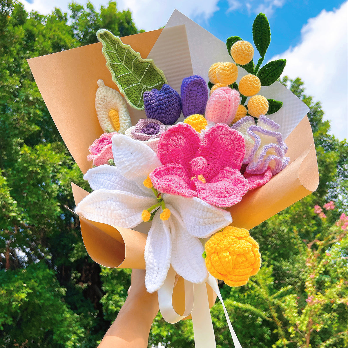 Petal Reverie Crochet Flower Bouquet – Handmade Lily, Hibiscus, Rose, Calla Lily, Tulip, Carnation, Daisy; – Gift for Birthday, Valentine's Day, Mother's Day, Anniversary, Wedding, Graduation, Christmas