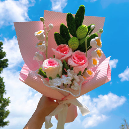 Rosellete Handmade Crochet Flower Bouquet - Lily of the Valley, Rose, Chrysanthemum, Forget-Me-Not - Gift for Her, Birthday Anniversary Valentine's Day, Allergy-Friendly - The Bloom Crafter