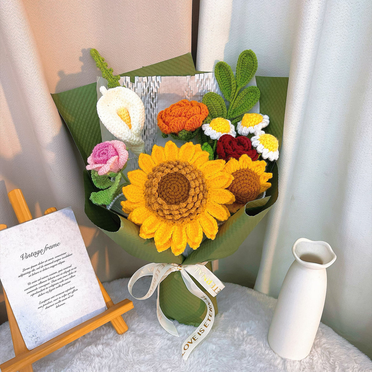 Sunlit Embrace Handmade Crochet Sunflower Bouquet with Bees, White Calla Lily, White Daisy, Rose, Gift for Her, Birthday Anniversary, Allergy-Friendly - The Bloom Crafter