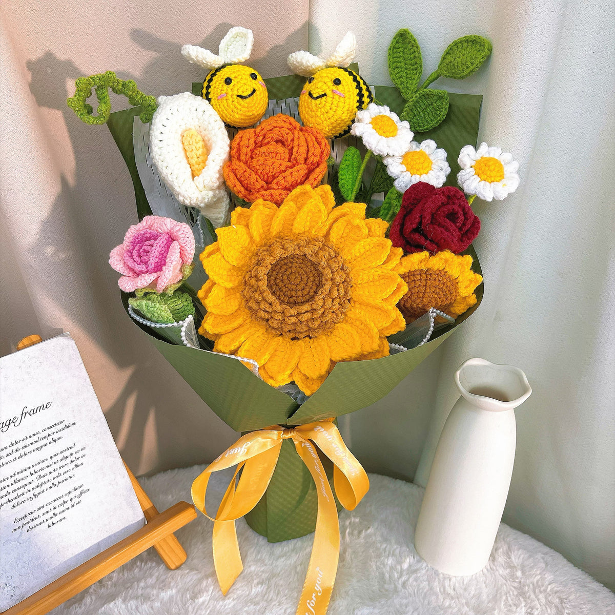 Sunlit Embrace Handmade Crochet Sunflower Bouquet with Bees, White Calla Lily, White Daisy, Rose, Gift for Her, Birthday Anniversary, Allergy-Friendly - The Bloom Crafter