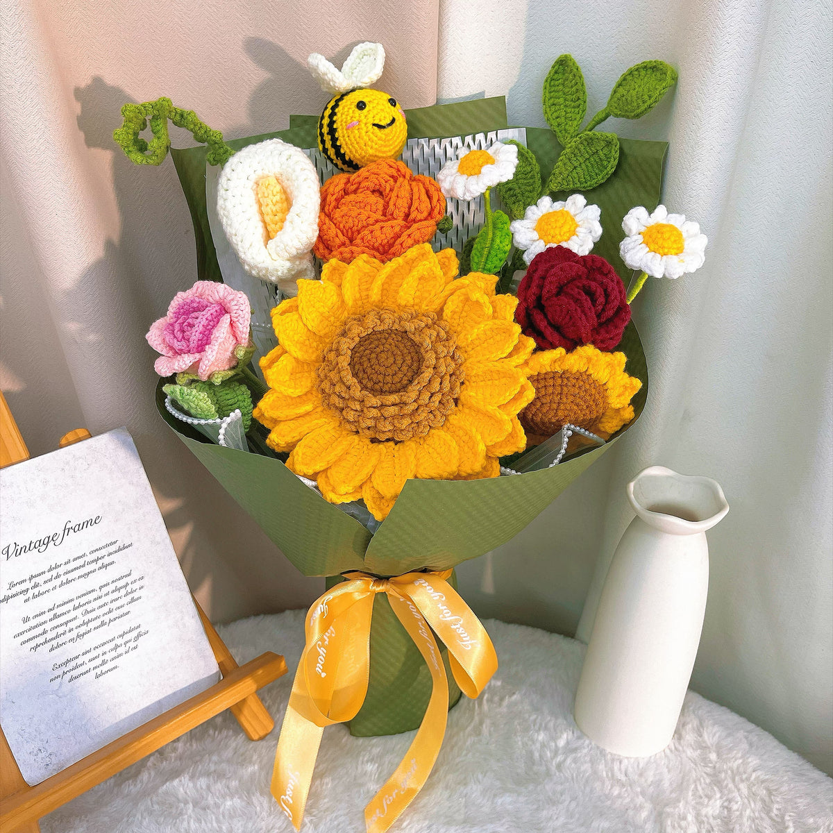 Sunlit Embrace Handmade Crochet Sunflower Bouquet with Bees, White Calla Lily, White Daisy, Rose, Gift for Her, Birthday Anniversary, Allergy-Friendly - The Bloom Crafter