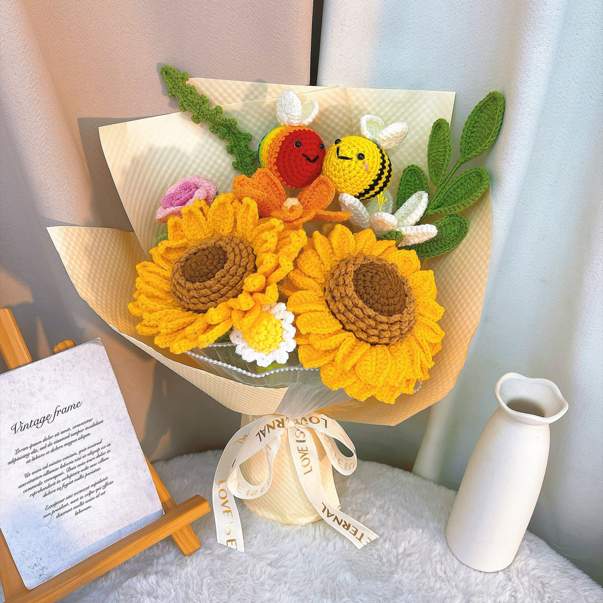 Rainbow Sunlit Serenade Crochet Flower Bouquet – Handmade Sunflower, Colorful Bees, Forever Flowers Gift for Birthday, Valentine's Day, Mother's Day, Anniversary, Wedding, Graduation, Christmas
