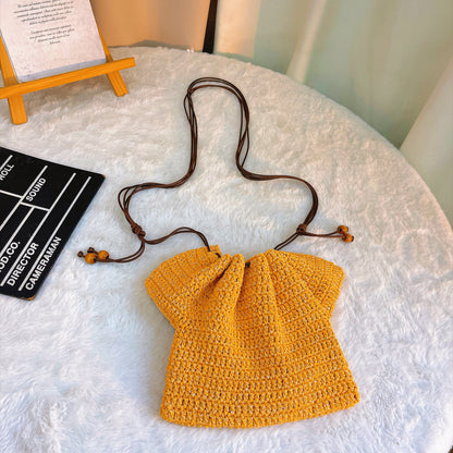 Handmade Crochet Drawstring Bag – Yellow Dress-Shaped Pouch – Custom Floral Embroidery Available – Small Knit Purse for Phone, Cosmetics, Earphones, Tissue – Kawaii Yarn Gift Bag for Birthday, Valentine's Day, Mother's Day, Christmas