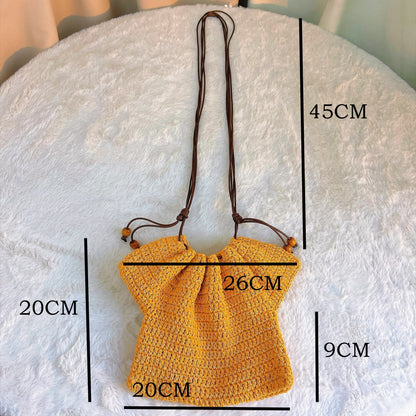 Handmade Crochet Drawstring Bag – Yellow Dress-Shaped Pouch – Custom Floral Embroidery Available – Small Knit Purse for Phone, Cosmetics, Earphones, Tissue – Kawaii Yarn Gift Bag for Birthday, Valentine's Day, Mother's Day, Christmas