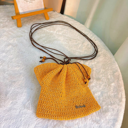 Handmade Crochet Drawstring Bag – Yellow Dress-Shaped Pouch – Custom Floral Embroidery Available – Small Knit Purse for Phone, Cosmetics, Earphones, Tissue – Kawaii Yarn Gift Bag for Birthday, Valentine's Day, Mother's Day, Christmas