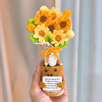 Handmade Crochet Sunflower Bouquet Desk Ornament with Customizable Card –Office Desk Decor, Home Decoration – Gift for Birthday, Graduation, Mother's Day, Valentine's Day, Anniversary, Christmas, Encouragement, Get Well Soon