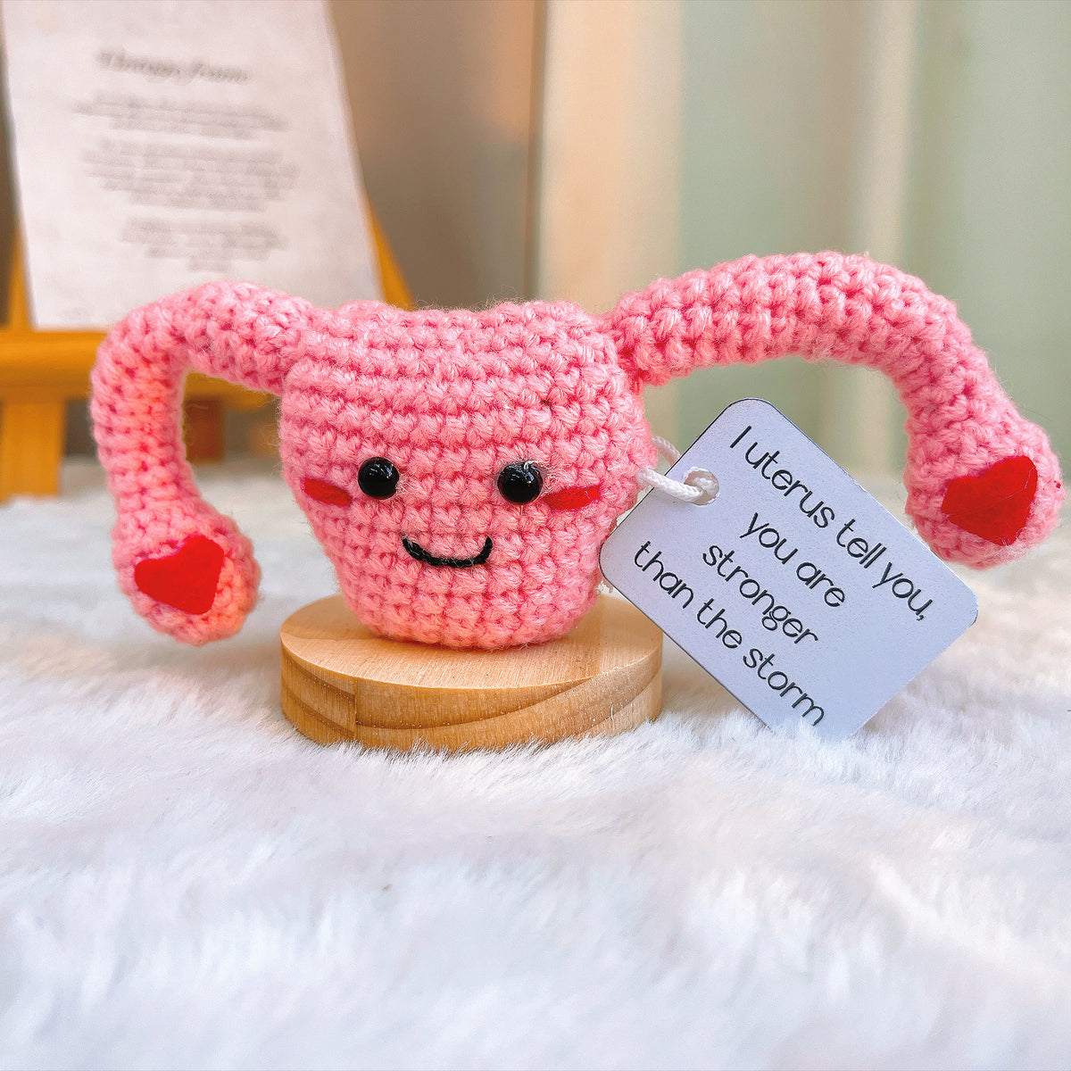 Crochet Uterus Desk Ornament with Customizable Card – Handmade Pun Gift for Women – Get Well Soon, Cheer Up