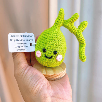 Handmade Crochet Gallbladder Desk Ornament with Customizable Card – Gift for Get Well Soon, Surgery Recovery, Nurses, Doctors – White Elephant, Secret Santa