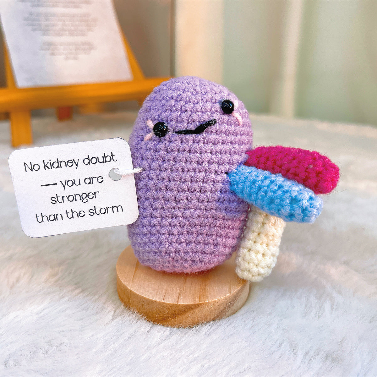 Crochet Kidney Desk Ornament Customizable Card – Handmade Gift for Get Well Soon, Surgery Recovery, Transplant, Nurses, Doctors – White Elephant, Secret Santa