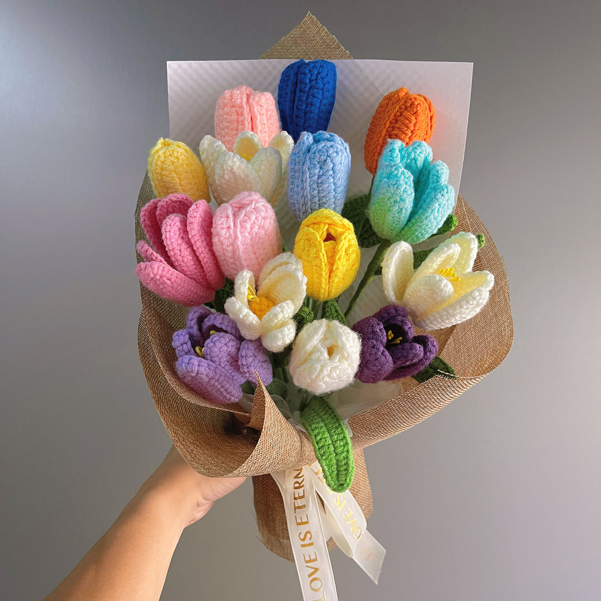 Rainbow Tulips Crochet Flower Bouquet – Handmade Tulip Arrangement – Allergy-Friendly Forever Flowers – Gift for Birthday, Valentine's Day, Mother's Day, Anniversary, Wedding, Graduation, Christmas