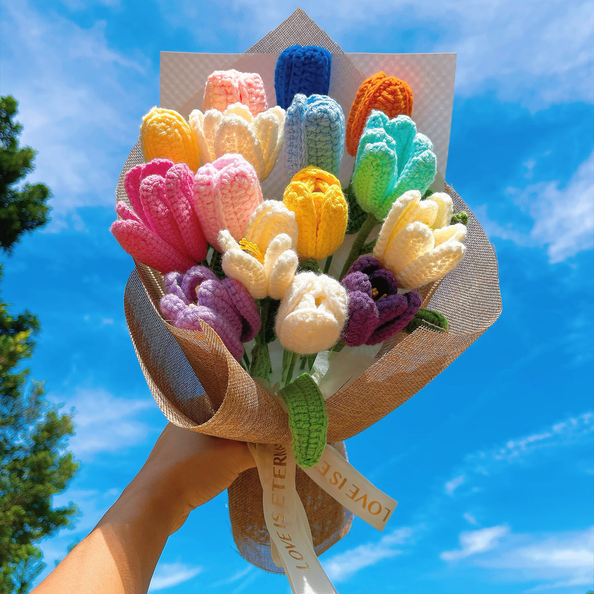 Rainbow Tulips Crochet Flower Bouquet – Handmade Tulip Arrangement – Allergy-Friendly Forever Flowers – Gift for Birthday, Valentine's Day, Mother's Day, Anniversary, Wedding, Graduation, Christmas