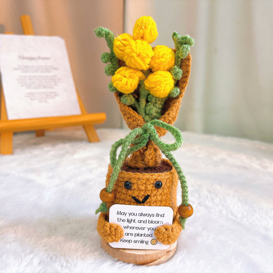 Handmade Crochet Acacia Bouquet in Pot with Customizable Card | Artificial Yarn Flower Desk Decor | Gift for Birthday, Graduation, Mother's Day, Housewarming, Farewell, Encouragement