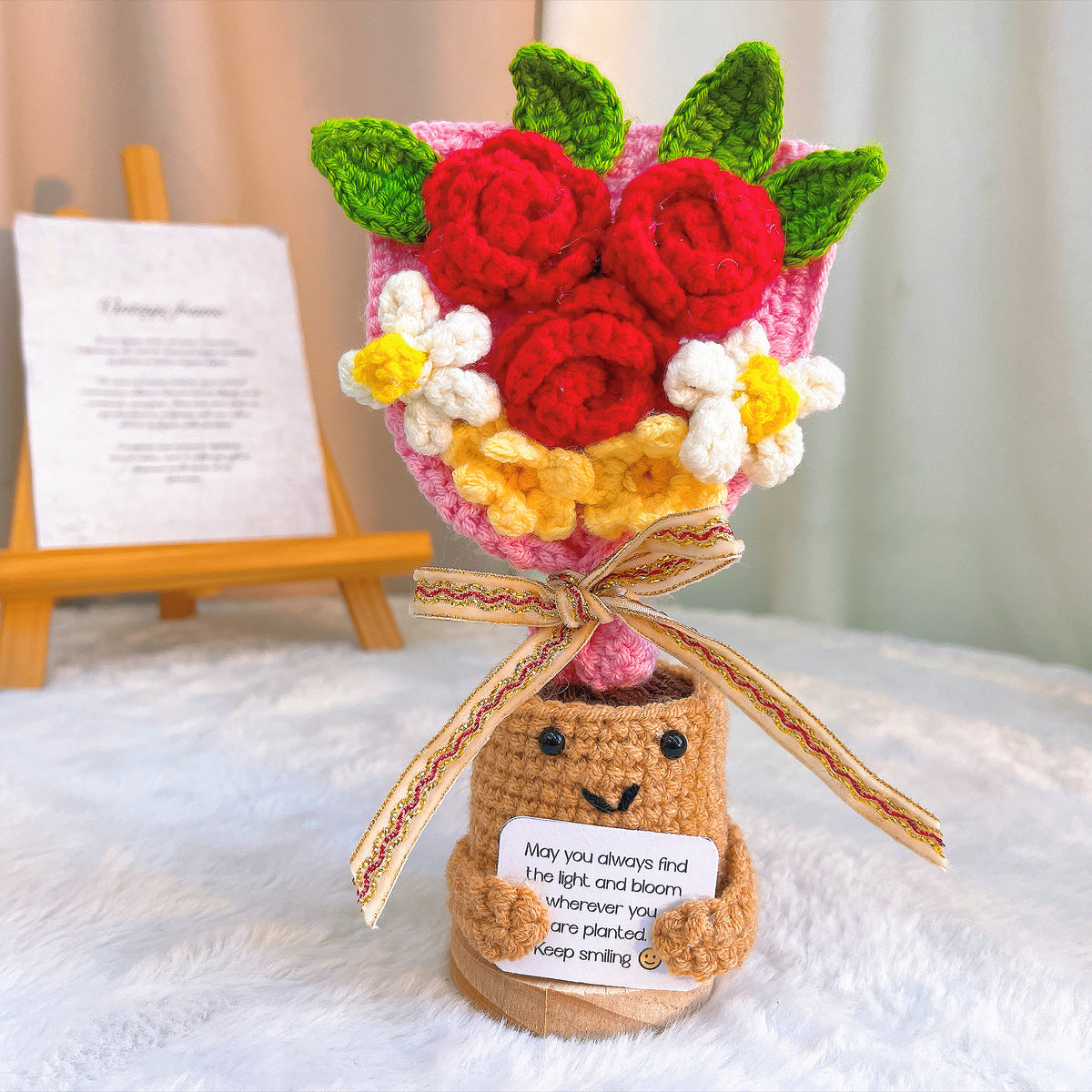 Crochet Potted Bouquet with Customizable Positive Message | Handmade Lavender, Sunflower, Red Rose Daisy, Acacia, Forget-Me-Not, Gift for Birthday, Graduation, Anniversary, Housewarming, Encouragement