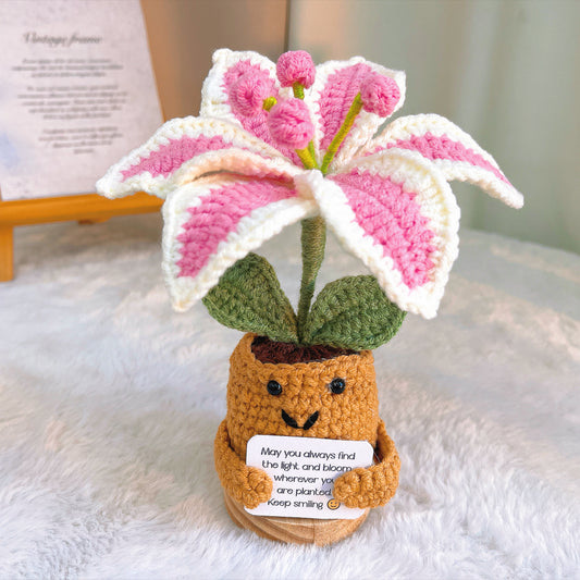 Crochet Potted Lily with Customizable Card | Handmade Artificial Yarn Flower Desk Decor | Gift for Birthday, Graduation, Mother's Day, Valentine's, Housewarming | Allergy-Friendly Forever Flower
