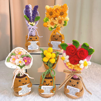 Crochet Potted Bouquet with Customizable Positive Message | Handmade Lavender, Sunflower, Red Rose Daisy, Acacia, Forget-Me-Not, Gift for Birthday, Graduation, Anniversary, Housewarming, Encouragement