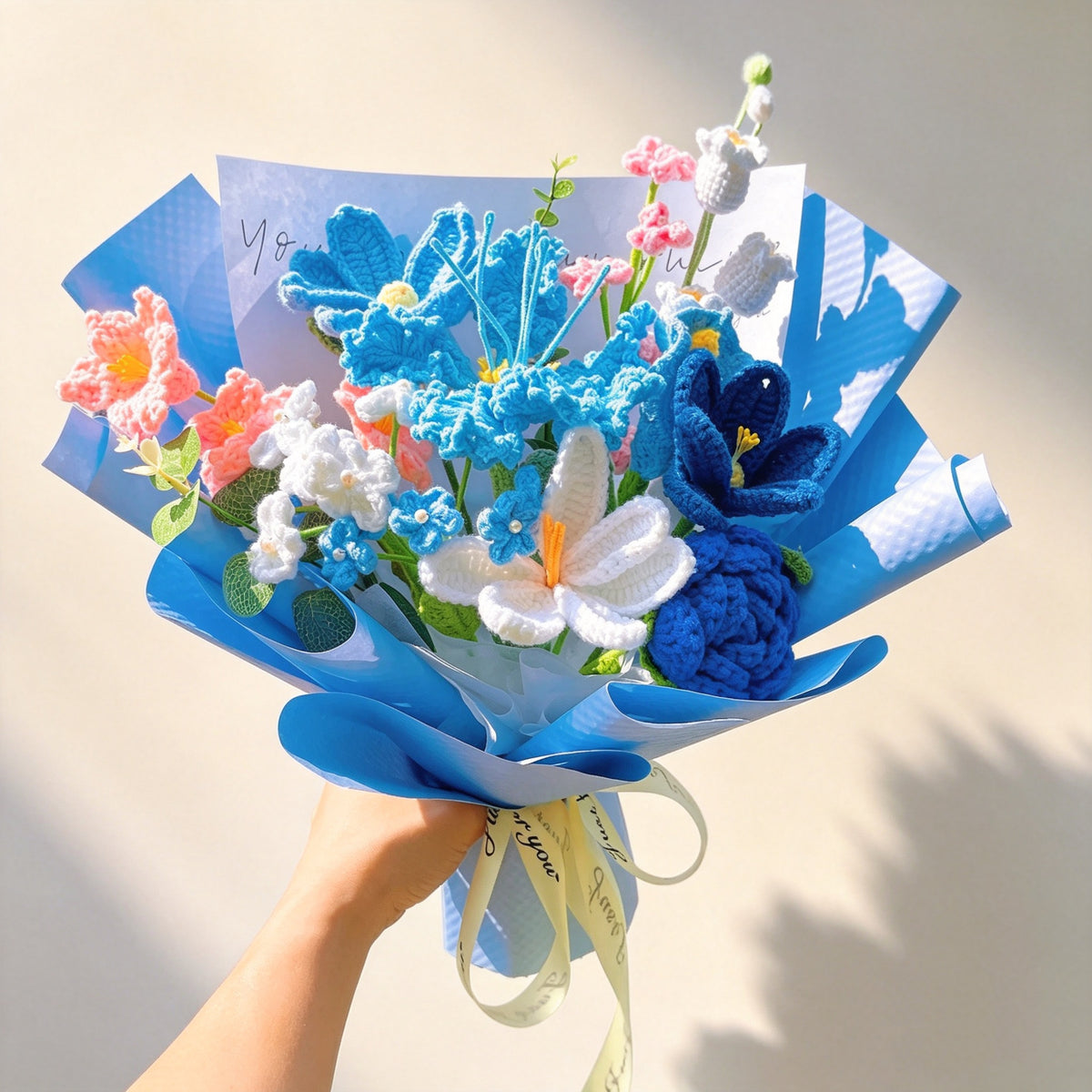 Harmony's Tapestry: Handcrafted Crocheted Bouquet - Roses, Tulips, Alstroemeria, Forget-Me-Nots, Lilies of the Valley, Chinese Pagoda Tree, Cosmos & Calla Lilies