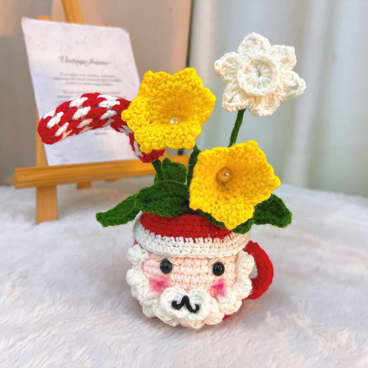 Handmade Crochet Christmas Potted Cup – Knitted Flower Pot Cup with Lily of the Valley,Umbrella Handle,&nbsp; Snowflakes – DIY Artificial Floral Desk Decor – Christmas Gift, Holiday Ornament, Home Decoration, Xmas Table Centerpiece - The Bloom Crafter