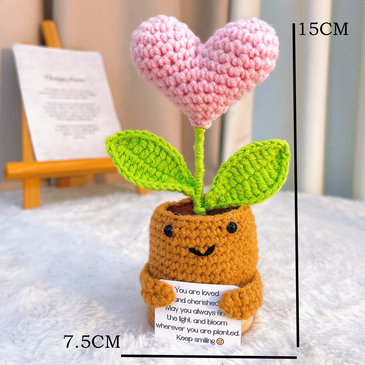 Hand Crochet Red Heart Succulent Plant in Pot - "You Are Loved" Inspirational Message Card, Wooden Base, Customizable Colors (Pink, Purple, Yellow) - Hypoallergenic Desk Decor, Valentine's Day Gift for Her, Girlfriend, Wife - The Bloom Crafter