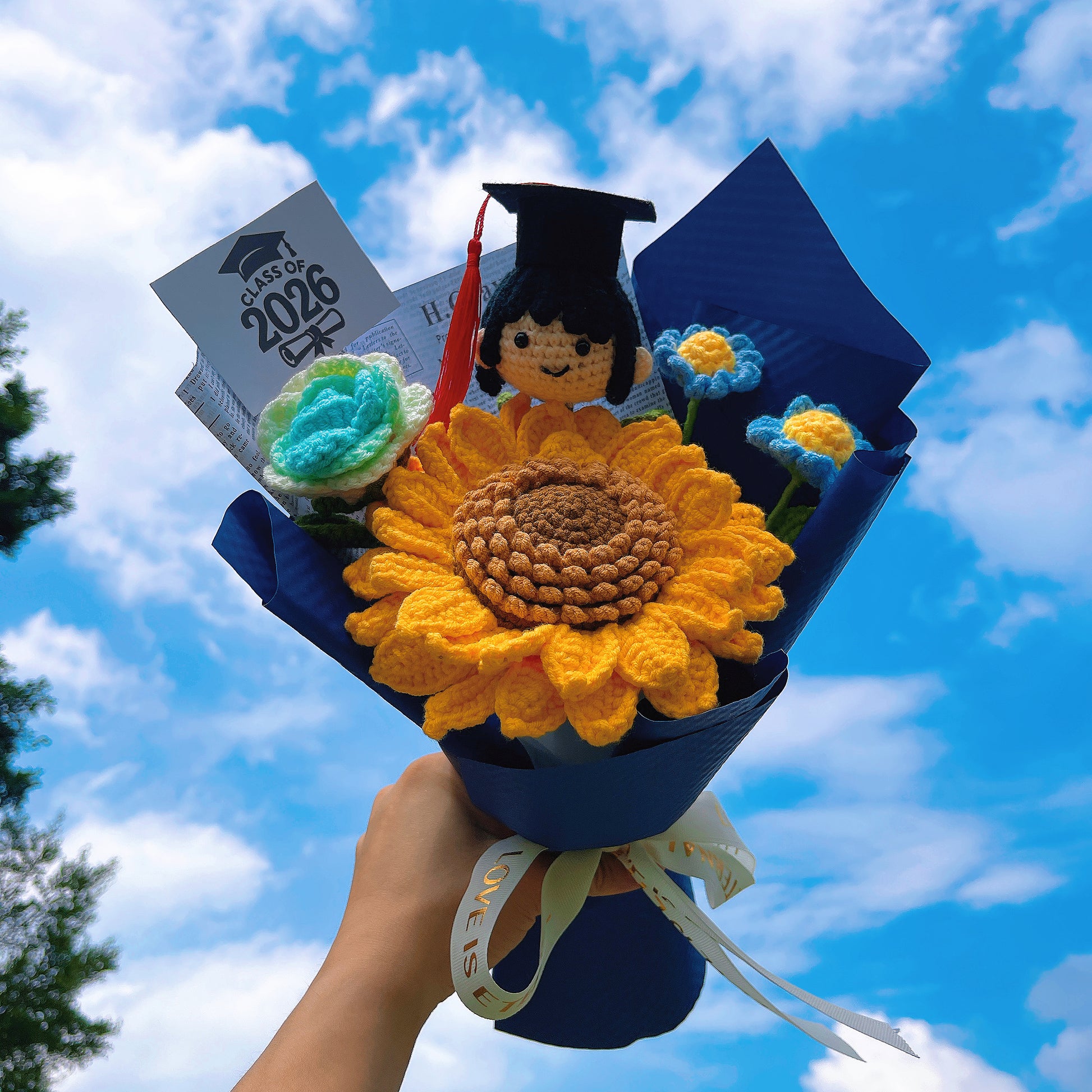 Handmade Crochet Graduation Bouquet Set for Him & Her – 2 Bundles with Large Double-Layer Seeded Sunflower, Graduation Cap Doll Head (Boy & Girl),  for Graduation, Gift, Home Decor, Congratulation, Party Decoration – Eternal Crochet Flower Arrangement - The Bloom Crafter