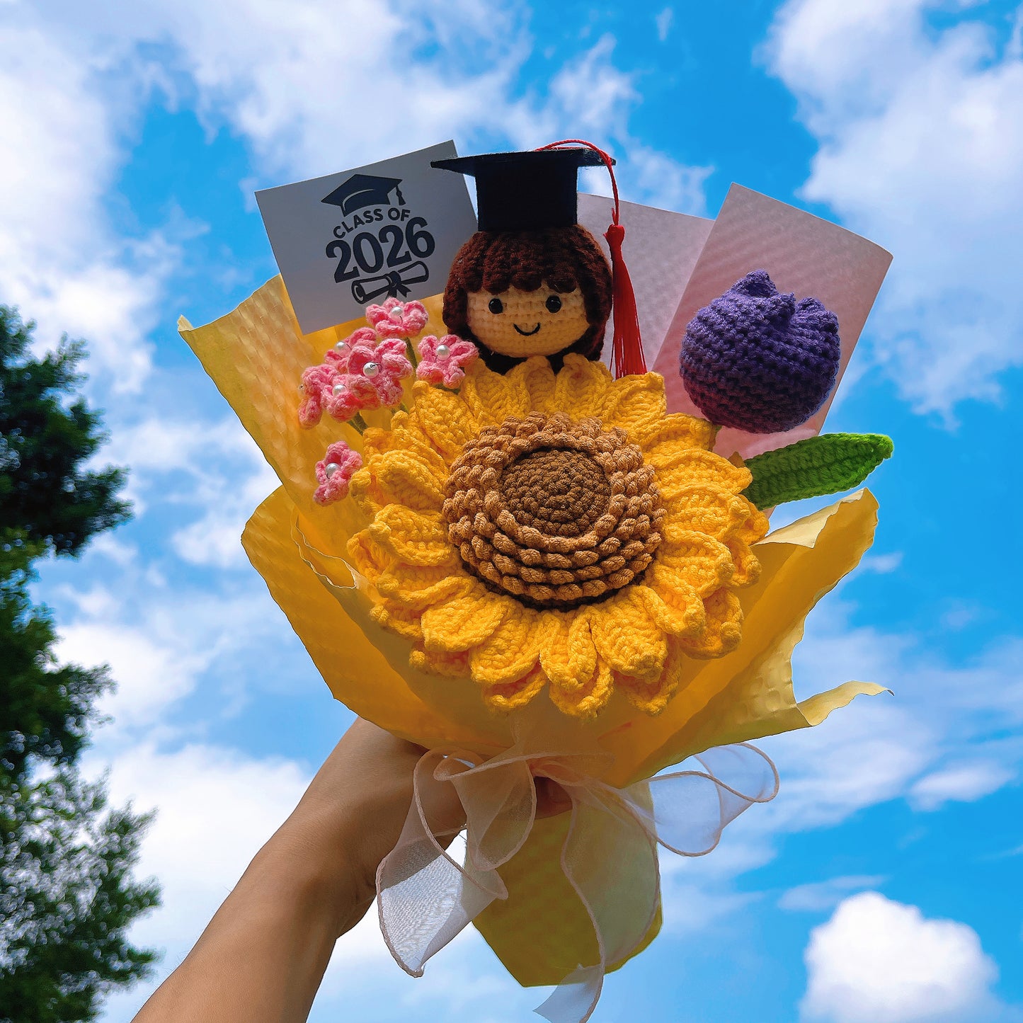 Handmade Crochet Graduation Bouquet Set for Him & Her – 2 Bundles with Large Double-Layer Seeded Sunflower, Graduation Cap Doll Head (Boy & Girl),  for Graduation, Gift, Home Decor, Congratulation, Party Decoration – Eternal Crochet Flower Arrangement - The Bloom Crafter