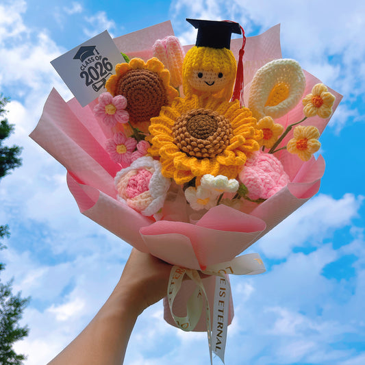Handmade Crochet Graduation Bouquet for Her – Customizable with Girl or Boy Graduation Cap Doll Head, Personalized Card – Allergy-Free Fake Flowers for Graduation, Congratulation, Gift, Home Decor – Eternal Crochet Flower Arrangement - The Bloom Crafter