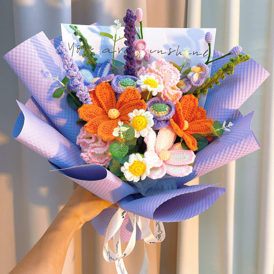 手作りかぎ針編み 花束「春風のワルツ」手編みブーケ｜枯れないお花｜カーネーション・ゲルザング・ヒナゲシ・コチョウラン・ラベンダー入り 結婚式・母の日・記念日の贈り物 花粉症対策・アレルギー対応
