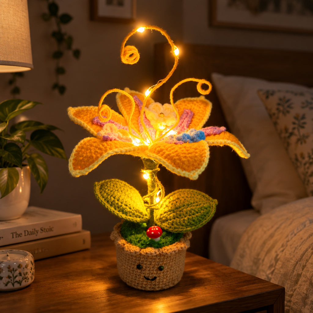 A crocheted glowing flower pot decoration with a large yellow-orange flower, green leaves, warm white string lights, and a small red mushroom on a beige pot, displayed on a soft white surface.