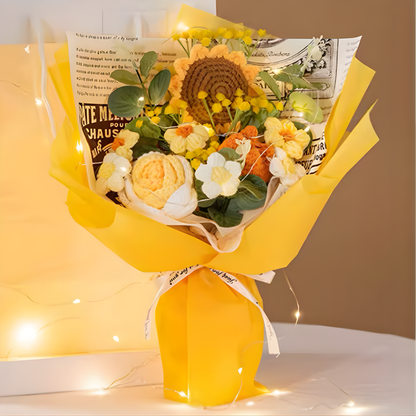 Bouquet of flowers with a yellow wrap on a white surface with a brown background