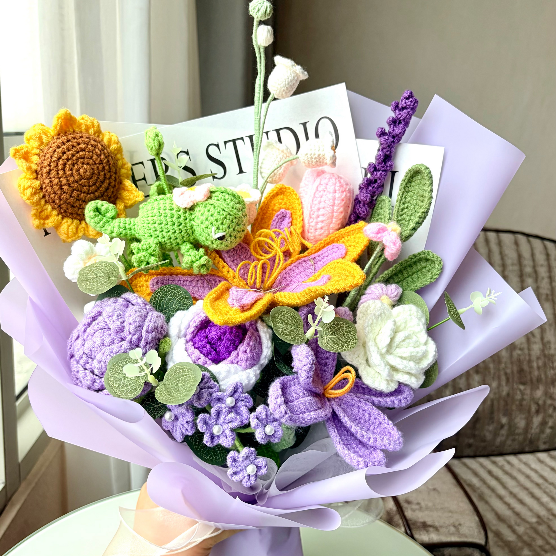 Crochet Lily Floral Chameleon Bouquet - Lavender Hues with Herbs, Flowers & Filler Greenery - Hypoallergenic Wedding, Event, Princess, Home Decor Gift - The Bloom Crafter