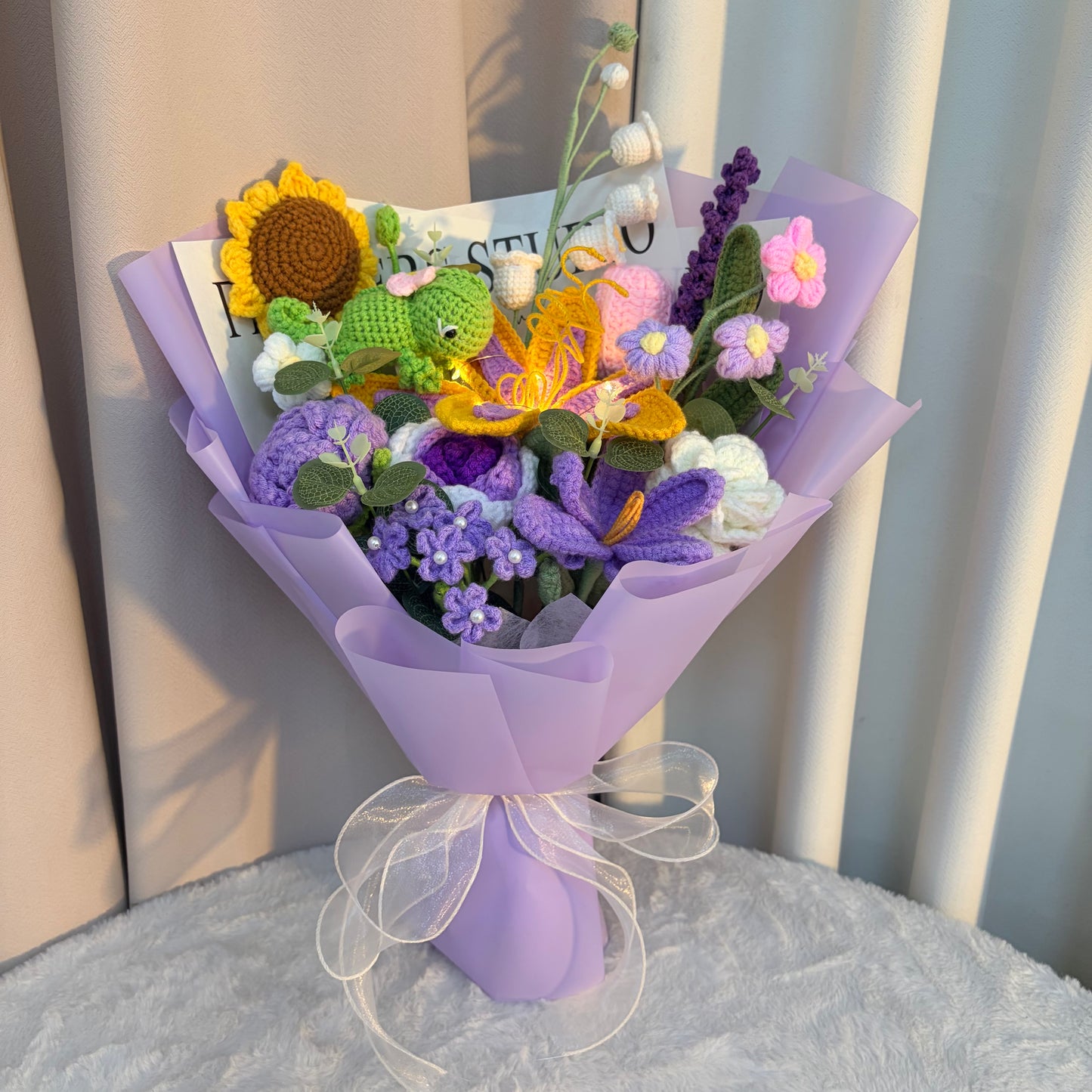 Crochet Lily Floral Chameleon Bouquet - Lavender Hues with Herbs, Flowers & Filler Greenery - Hypoallergenic Wedding, Event, Princess, Home Decor Gift - The Bloom Crafter
