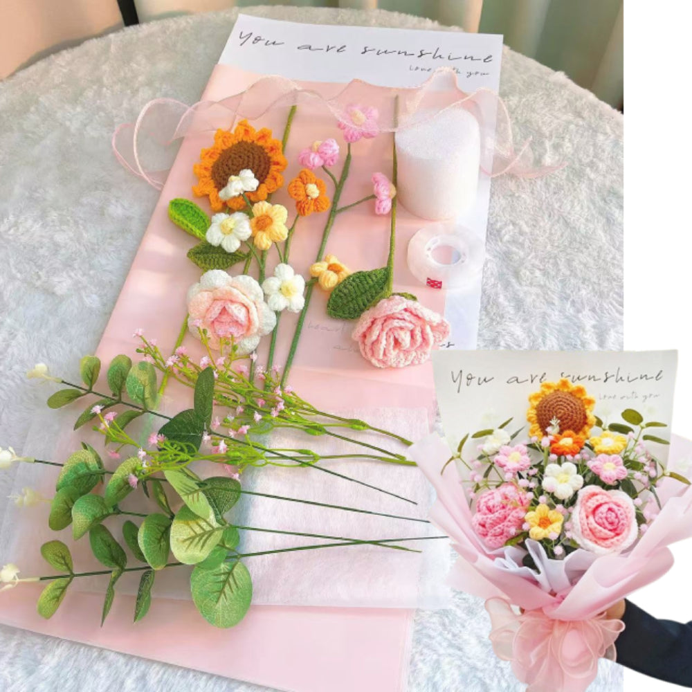 Handmade Crochet Flower Bouquet Self Wrapping Kit - Ready-to-Assemble DIY Floral Arrangement Set with Packaging Supplies & Video Tutorial