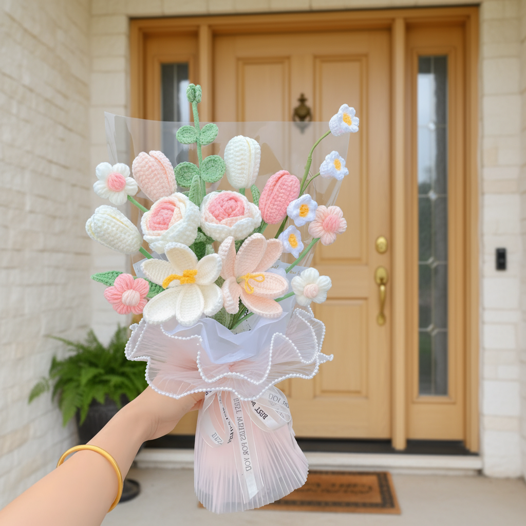 Bouquet of knitted flowers wrapped in sheer paper with a bow, held against a gray background.
