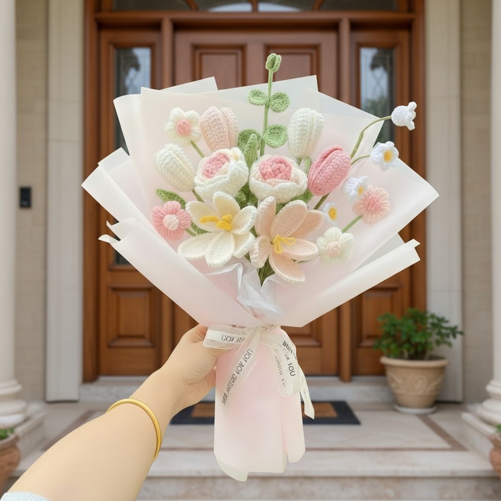 Bouquet of pink and white flowers held by a person outdoors with greenery in the background