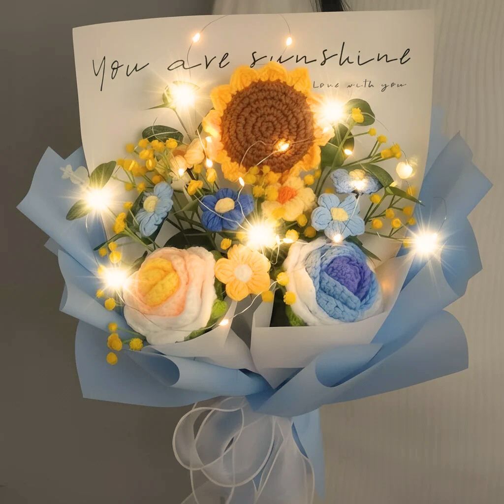 Handmade Crocheted Luminous Joy Bouquet - Roses, Sunflowers, and Puffs Bouquet