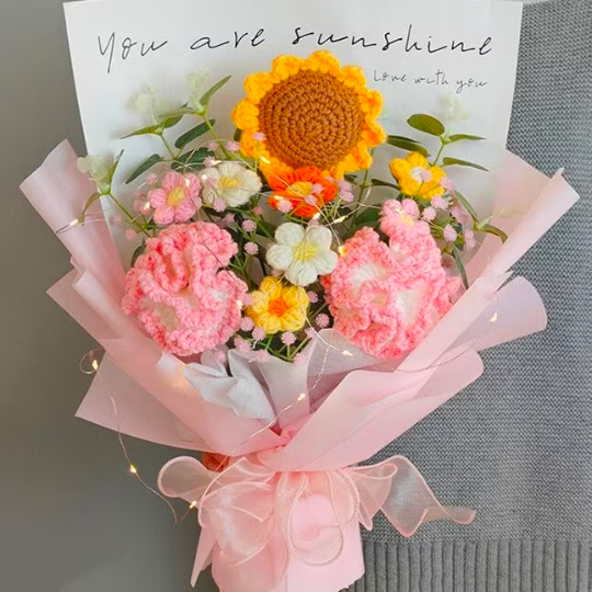 Bouquet de tournesols, d'œillets et de bouffées de douce sérénité au crochet fait à la main - Cadeaux magnifiques pour toute occasion