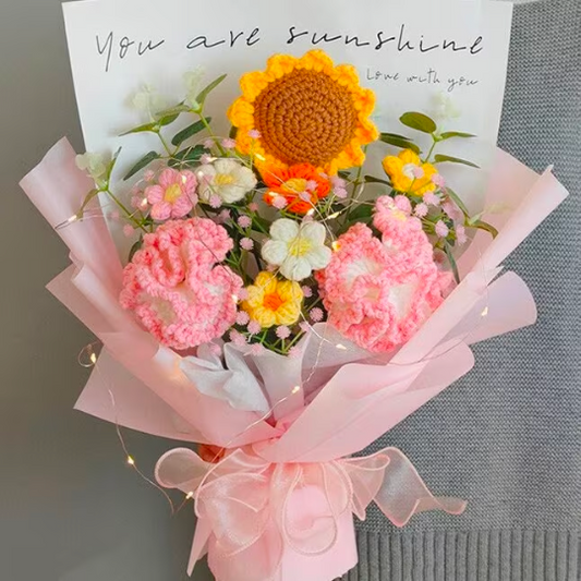 Bouquet de tournesols, d'œillets et de bouffées de douce sérénité au crochet fait à la main - Cadeaux magnifiques pour toute occasion