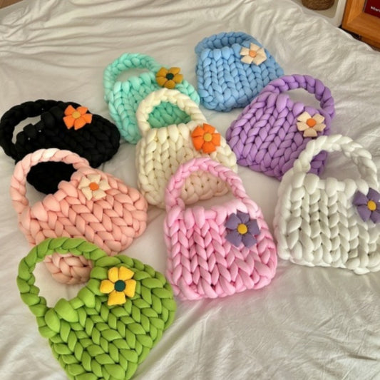 Handmade Crochet Tote Bag - Dopamine Flower Iceland Wool - Cute Women's Purse in 9 Colors: Cream, Avocado Green, Cherry Pink, Light Blue, Pink, Purple, Mint Green, White, Black
