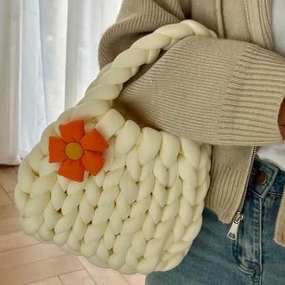Handmade Crochet Tote Bag - Dopamine Flower Iceland Wool - Cute Women's Purse in 9 Colors: Cream, Avocado Green, Cherry Pink, Light Blue, Pink, Purple, Mint Green, White, Black