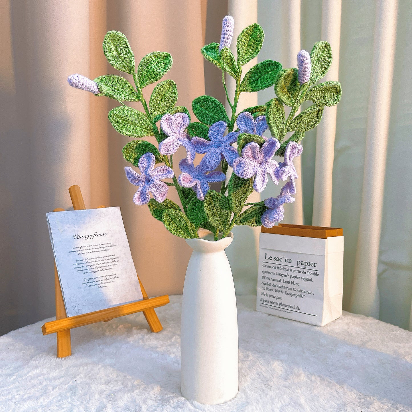 Hand Crochet Periwinkle Flower - Hypoallergenic Artificial Single Stem Light Purple - Allergy Free Gift for Memorial, Sympathy, Friendship, Spring Home Decor