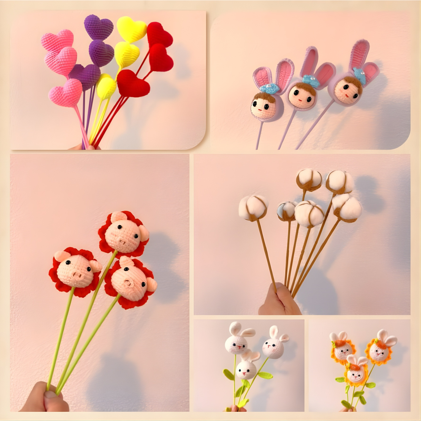 Collage of various colorful toy sticks with different designs on a pink background
