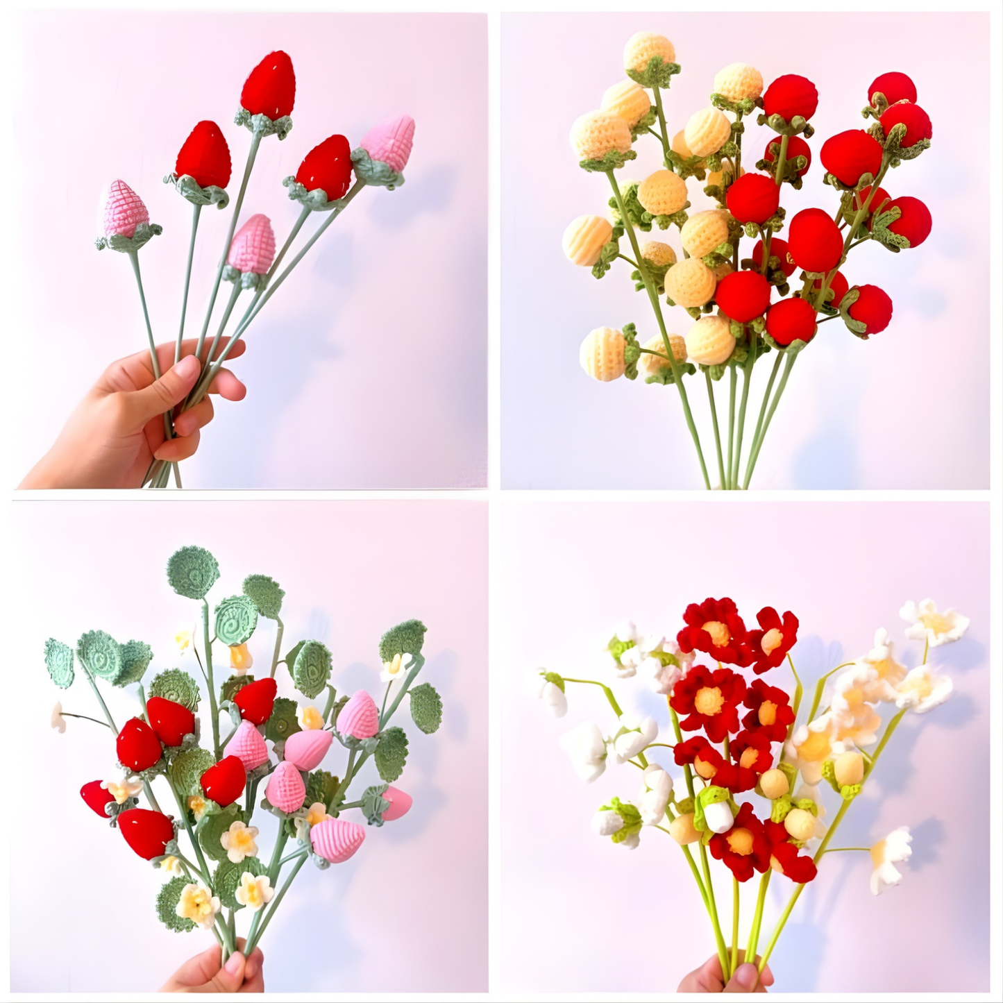 Kolekcja fantazyjnych szpilek do kwiatów z dzierganej koronki dla uroczego dekoru ogrodu - wzory truskawki, winorośli pomidorowej, gigantycznej chryzantemy - dla ogrodników.