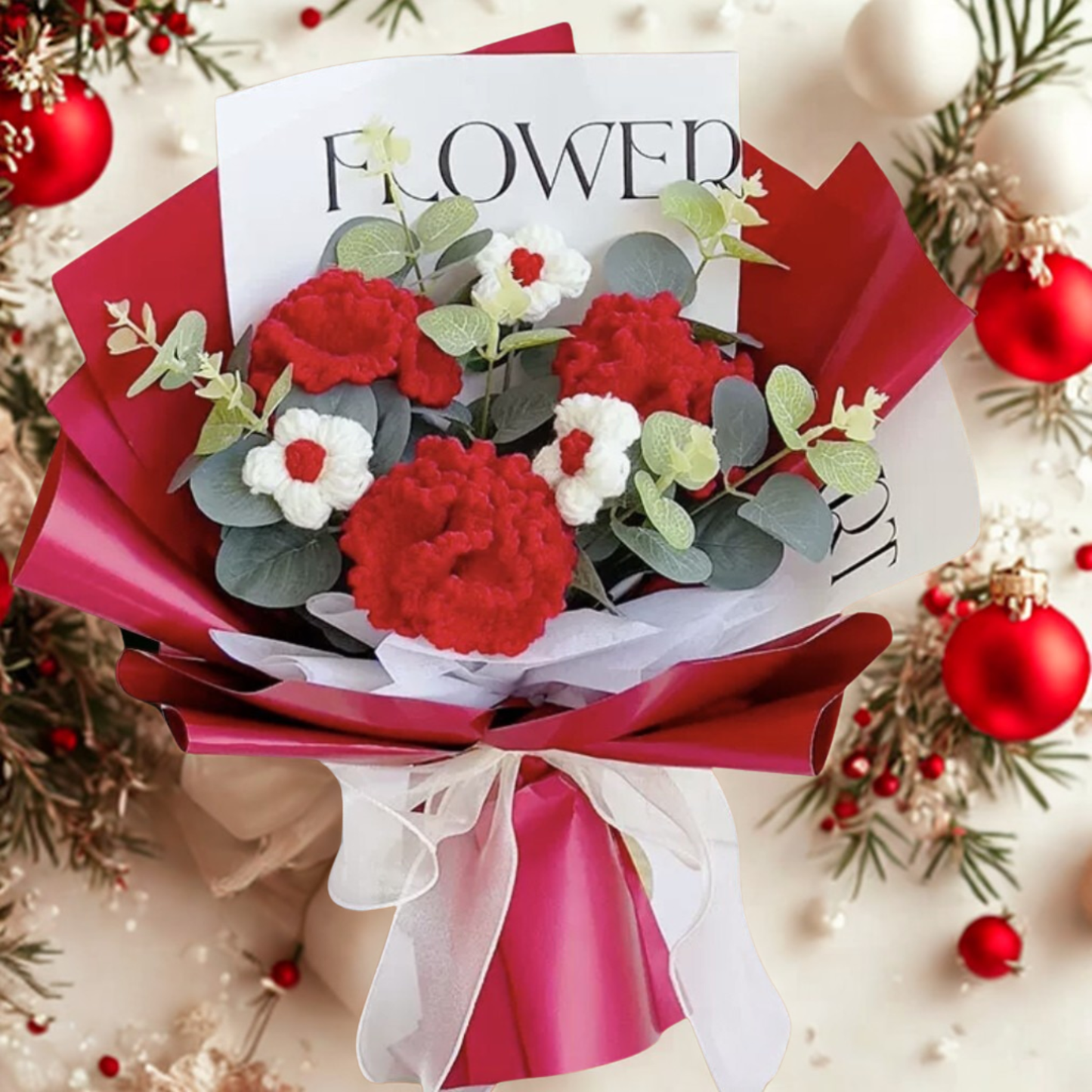 Bouquet of red, white, and green flowers in a red paper wrap with 'FLOWER' text on a festive background.