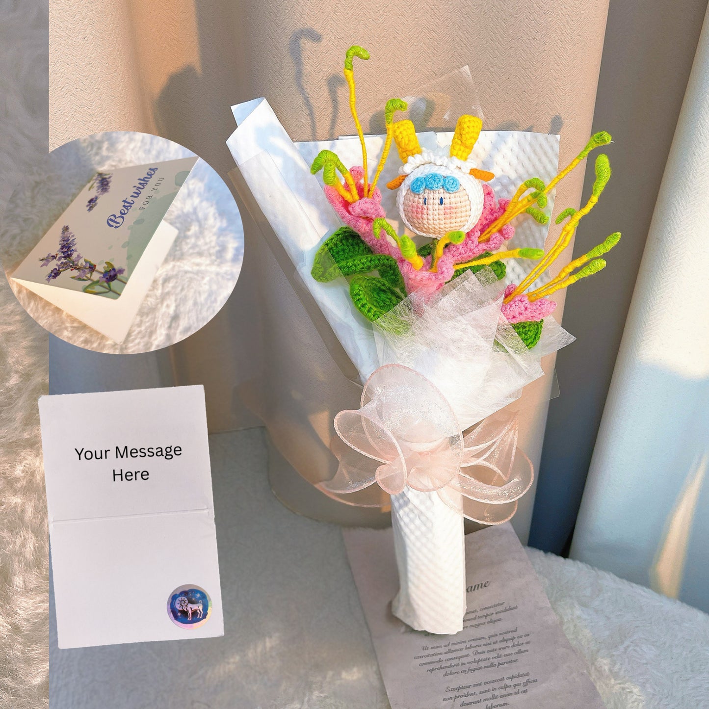 手作りかぎ針編み 牡羊座に贈る手編みブーケ「情熱の花束」｜スイカズラと星座ドール｜誕生日・記念日に 永遠の贈り物 花粉症対策・アレルギー対応